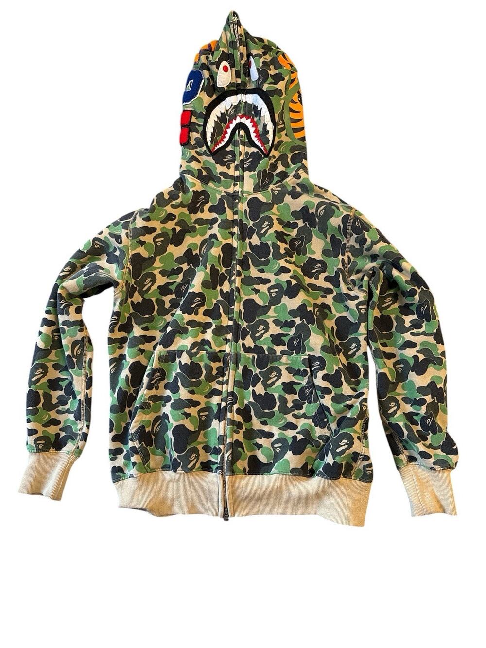 A Bathing Ape Hoodie Mens XXL Green Camo Shark Full Zip Bape WGM Tiger Japan